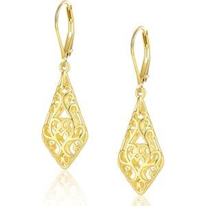 🆕Women's 14K Gold Plated 925 Sterling Filigree Dangling Lever back Earrings